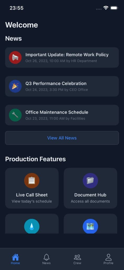 UnitBase app — home screen with crew news and production features